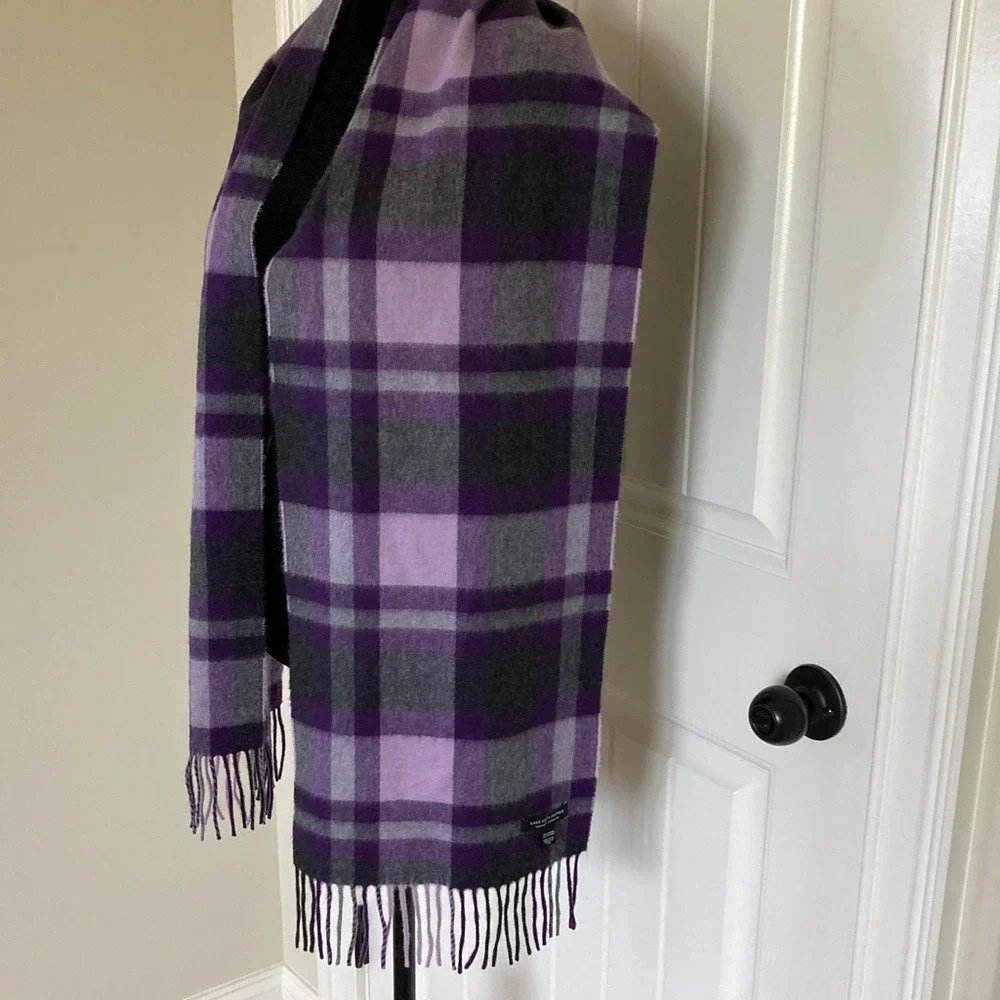 Saks Fifth Avenue Purple 100% Cashmere Plaid Scarf‎ Fringe 11x64 Classic Luxury